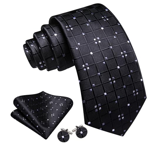 Image of Barry.Wang Mens Tie Set Plaid Check Neckties Formal Business Wedding Luxury Pocket Square Cufflinks
