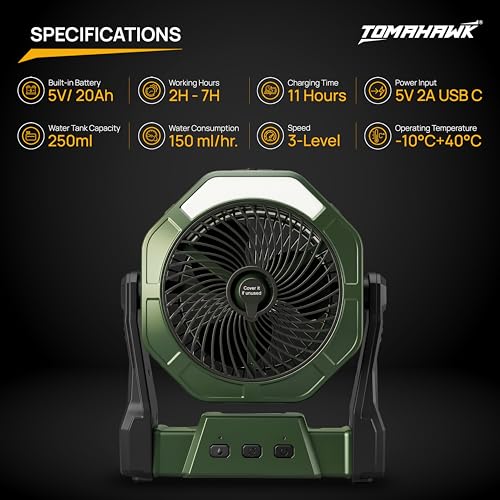 Image of Tomahawk TCF-4405 5-Inch Portable Blade Fan with Water Tank & LED Light Rechargeable 2000mAh Battery 3-Speed Cooling Fan with 250ml Capacity | Cordless Fan for Home, Workshop & Professional Use