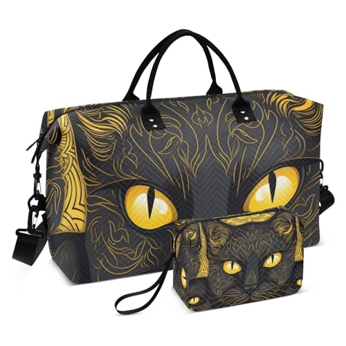 Large Travel Duffel Bag, Black Cat Yellow Eye Sports Tote Gym Bag, Shoulder Weekender Overnight Bag for Women Men, Carry On Luggage with Toiletry Bags