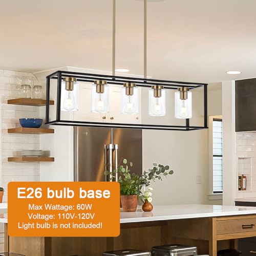 Image of Farmhouse Chandeliers for Kitchen Island with Clear Glass Shade Black and Brushed Brass 5 Light Dining Room Lighting Fixtures Hanging, Rectangle Pendant Lights Industrial Ceiling Light