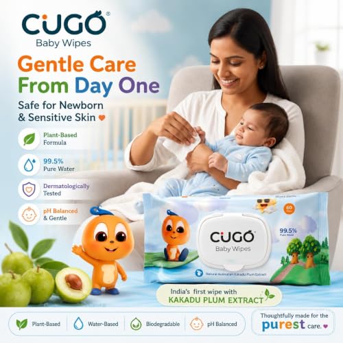 Image of Baby Wipes, Gentle on Sensitive Skin, Plant-Based Fabric, 99.5% Water-Based, Natural Australian Kakadu Plum Infused, Dermatologically Tested, Newborn Safe, Biodegradable | Pack of 8