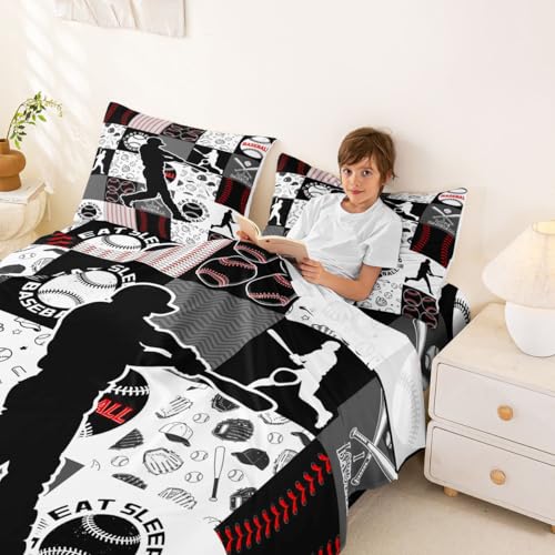 Image of Castle Fairy Baseball Player Fitted Sheet Set Full Size 4 Pcs,Patchwork Baseball Teens Sheets,Sports Geometric Grid Red Grey Bedding Sets (1 Fitted,1 Flat,2 Pillowcases) Luxury Deep Pocket Bed Sheets