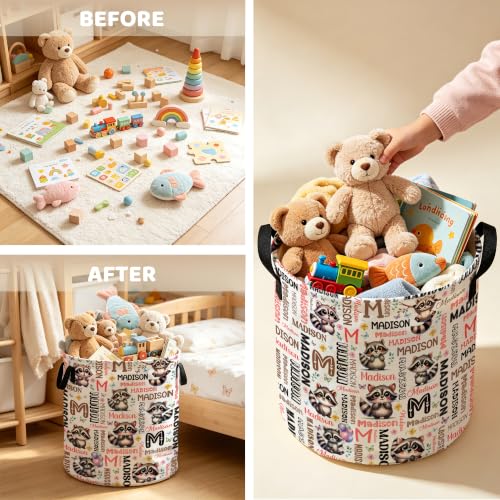 Image of Custom Raccoon Laundry Hamper, Personalized Laundry Basket with Name, Customized Dirty Clothes Basket for Clothes Toy Bathroom Bedroom Storage,S-16.5 inchX 13.8 inch