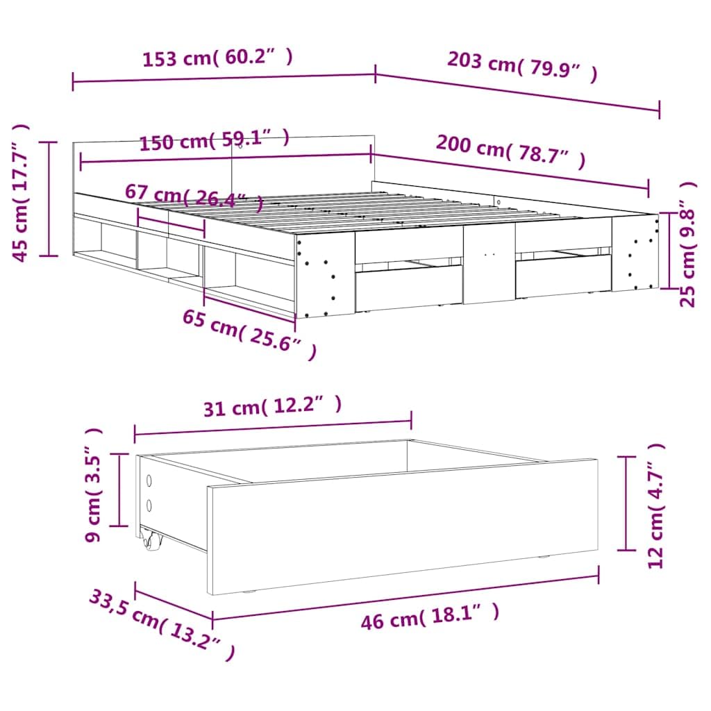 vidaXL Cama con cajones Madera ingeniería Roble Sonoma 150x200 cm