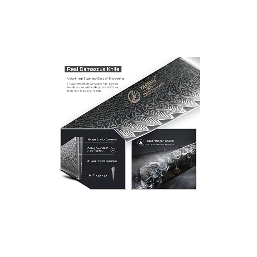 YARENH 8-Piece Kitchen Knife Set with Block,Damascus Chef Knife, 67-Layer High Carbon Stainless Steel,Sharp Rust-Resistant Blades,Sandalwood Handle