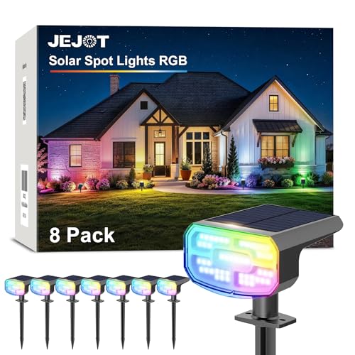 Image of JEJOT Solar Spot Lights Outdoor Waterproof, Solar Spotlights, 8 Pack | 8 Lighting Modes, 120 Adjustable Solar Lights for Yard Garden Lawn Landscape Pathway, Multicolor