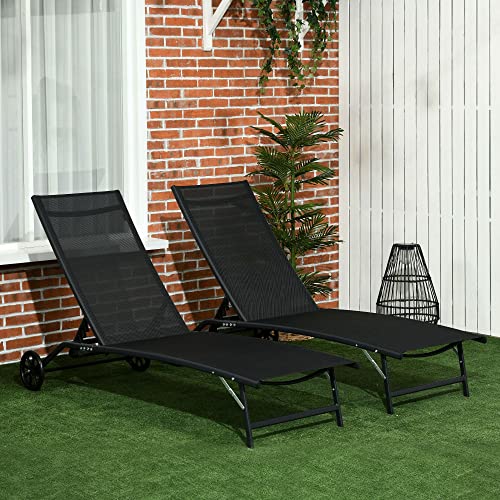 Outsunny Patio Chaise Lounge Chair Set Of 2, 2 Piece Outdoor Recliner With Wheels, 5 Level Adjustable Backrest For Garden, Deck & Poolside, Black #TOP1