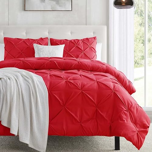 Image of Nestl California King Duvet Cover Red - Soft Double Brushed Duvet Set with Button Closure & Corner Ties, 3 Piece Luxurious Pinch Pleated Duvet Cover Set 104x98 Inches with 2 Pillow Shams