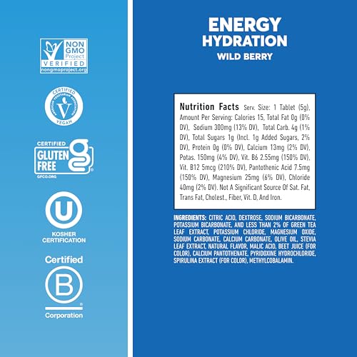 Image of Nuun Energy Caffeine + B Vitamins, Electrolyte Hydration Tablets with Caffeine from Green Tea Extract, Magnesium & 4 Other Electrolytes, Gluten Free, Vegan, Wild Berry, 8 Pack (80 Servings Total)