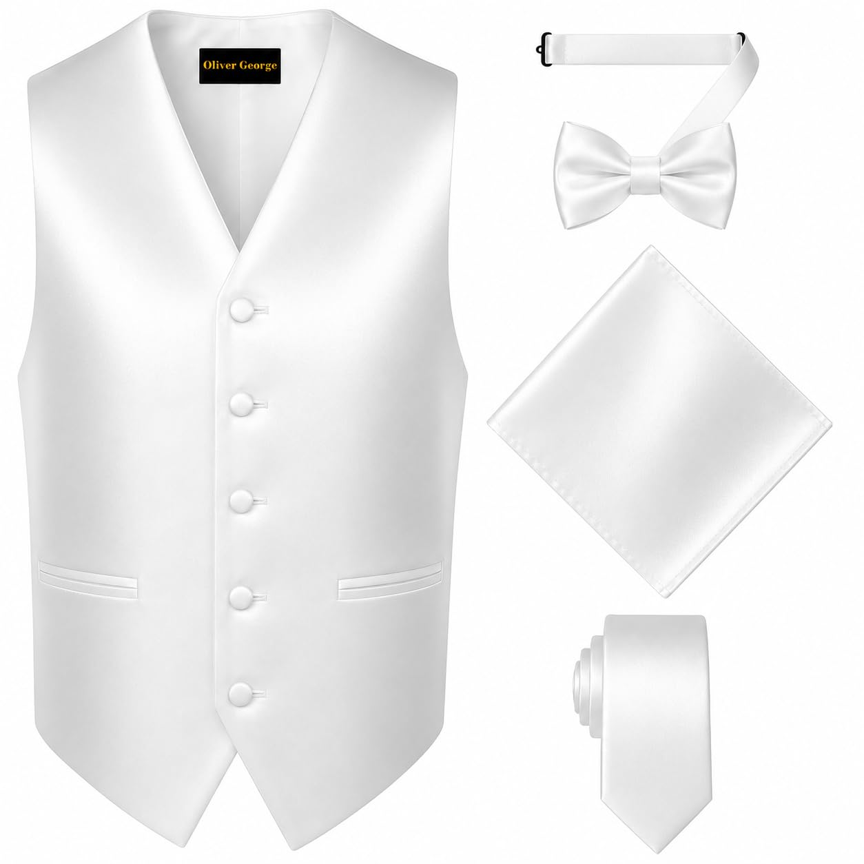 Oliver George 4pc Men's Solid Formal Suit Waistcoat Tuxedo Dress Vest Necktie Bowtie Handkerchief Set for Suit or Tuxedo