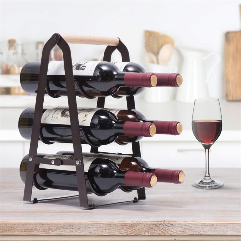 HMKAIJUFUL Wine Rack, 6 Bottle Wooden Countertop Free Standing Shelf,3 Tier Bottle Holder Stand for Home Bar Tabletop, Cabinet Inserts, Kitchen, Wine Cellar Storage No Assembly(Black)