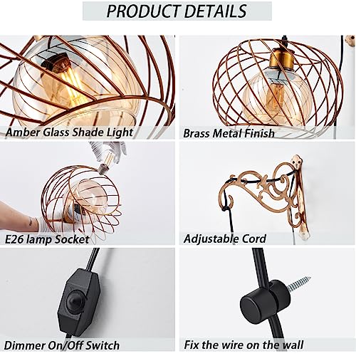 Image of Boho Hanging Lamps Plug in Wall sconces Gold Glass Dimmable,Vintage Hanging Wall Lantern Light Lamp Plug in for Bedroom, Living Room,2PK