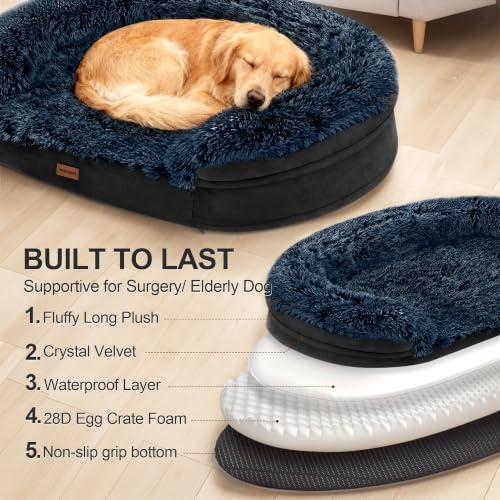 Image of Fluffy Calming Jumbo Orthopedic Dog Beds for Extra Large Dogs, Supportive Dog Sofa Bed with 3.7 inch 28D Egg-Crate Foam, Removable Washable Plush Cover, Waterproof Lining, 48'',Brown