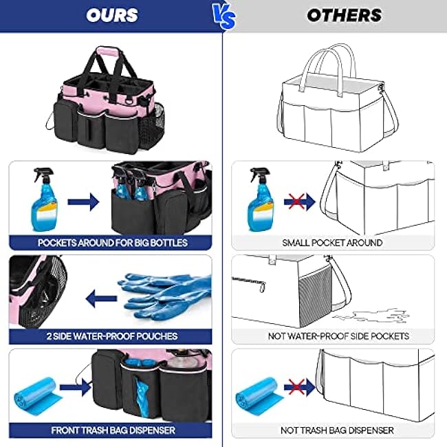 LoDrid Large Professional Cleaning Caddy with Detachable Divider, Supply Organizer with Handle and Shoulder Strap, Cleaning Bags for Housekeepers & Cleaners, Pink