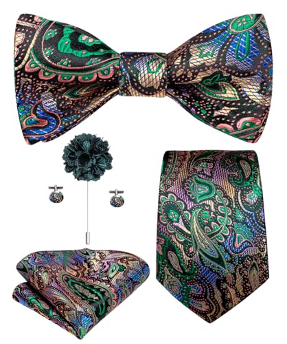 Image of Hi-Tie 5Pcs Mens Solid Color Silk Tie Satin Pretied Bowtie Lapel Pin for Men Handkerchief Cufflink Wedding Gift Box