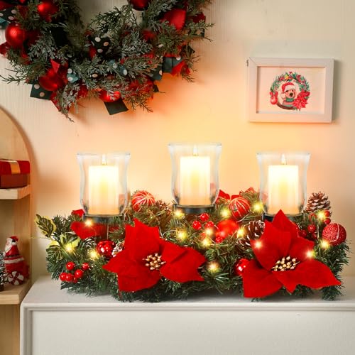 Sliner Poinsettia Candle Holder Centerpiece, Christmas Tealight Candle Holders, Glass Candle Holders, Romantic Holiday Candelabrum for Table Mantel