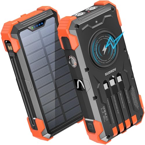 Sudrov Solar Charger Power Bank, 20000mAh Wireless Portable Charger with USB-C in/Output, QC3.0 Fast Charging 15W 4 Ports Outdoor Battery Pack Built-in LED Flashlight, for iPhone, Galaxy, iPad etc