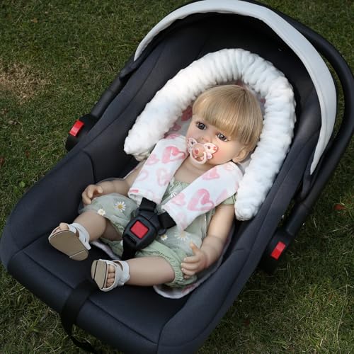Image of Baby Car Seat Head Support Cushion and Strap Cover for Girls - Infant Carseat Insert Support Soft Minky Newborn Headrest Seatbelt Covers for Car Seat,Stroller,Bouncer,Pink Love