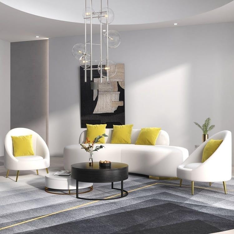 Image of LEGACY OF COMFORT Tara Upholstered Curved Sofa Living Room Set 3 Seater Sofa with 2 Chairs (White)