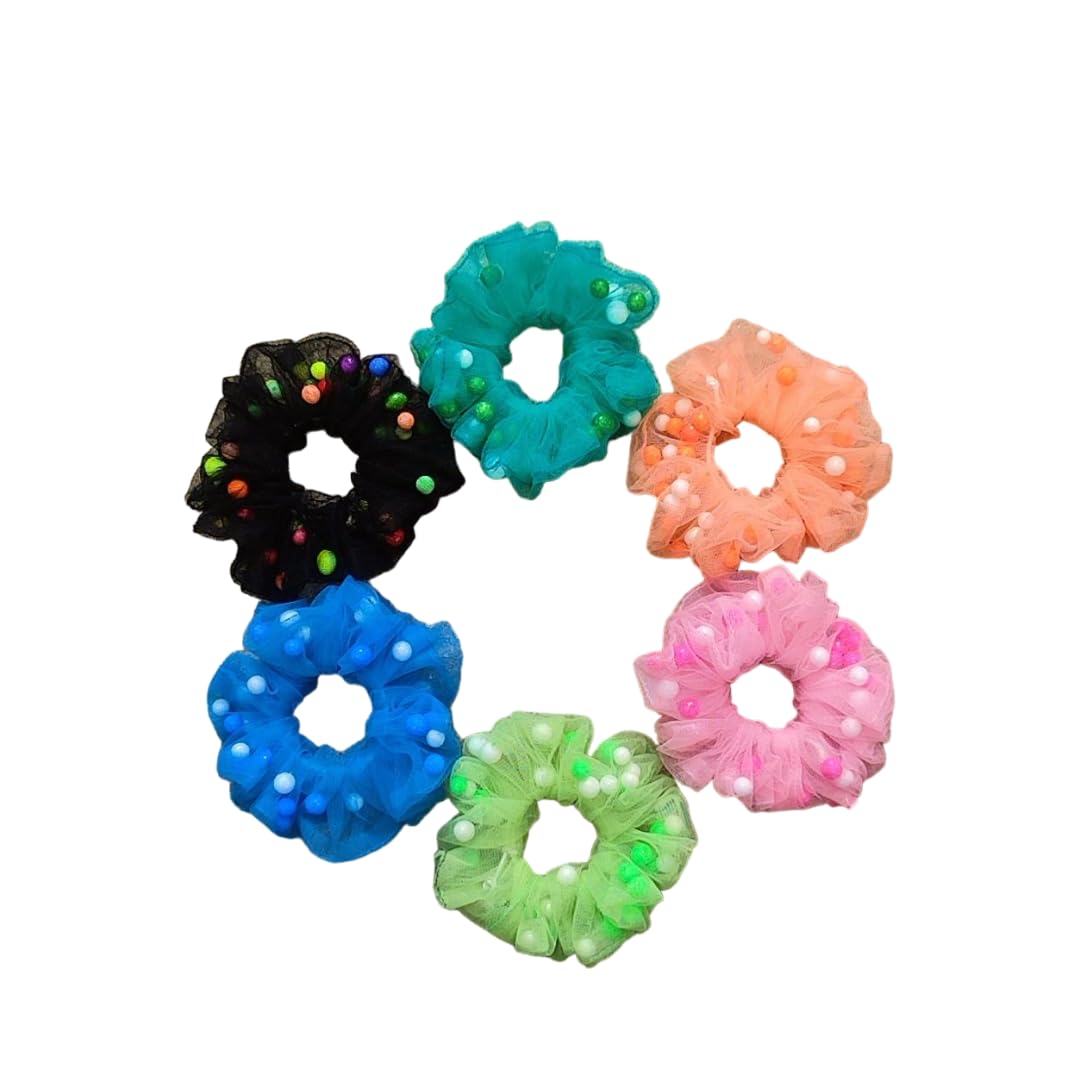 Rika Gift Soft Net Hair Ties Pack Of 6 | Pom Pom Hair Band For Girls & Women | Pom Pom Scrunchies 6 Pcs
