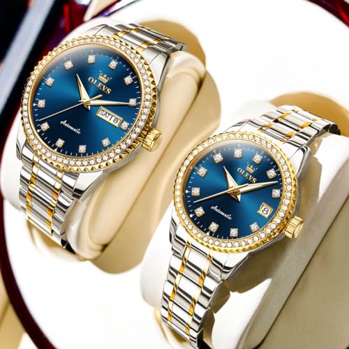 Image of OLEVS Couple Watch Men and Women His and Her Watches Set Analog Date Diamond Stainless Steel Waterproof Luminous Wrist Watch