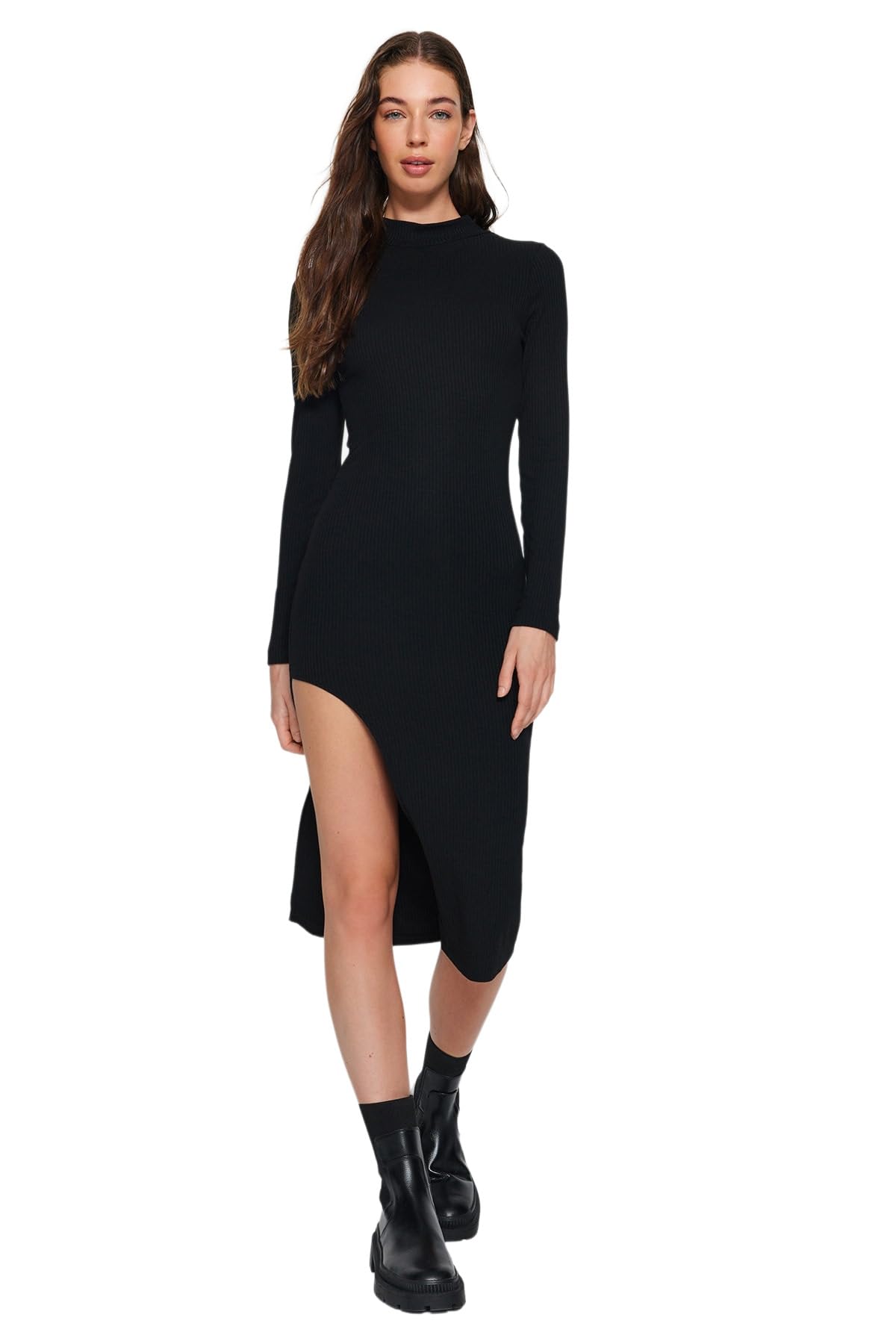 Trendyol Damen Gerade Midi Lange Ärmel Lässig/Lässig Schlank Kleid Dress, Schwarz, XL EU