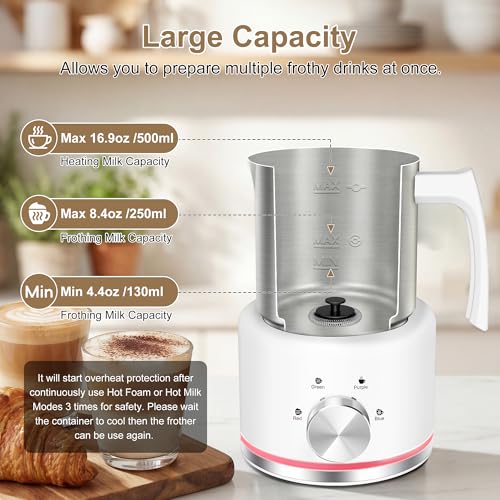 Image of Milk Frother, 16.9 OZ Milk Frother and Steamer, 4 in 1 Electric Milk Frother Dishwasher Safe Durable Silent Frother for Coffee Hot and Cold Foam Maker (White Stainless)