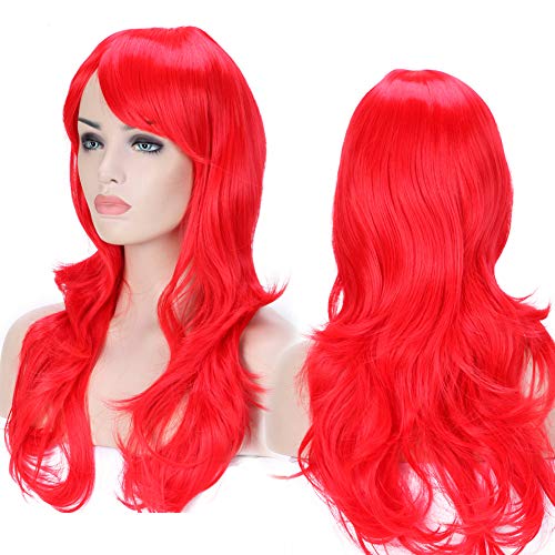 23" Long Curly Wavy Full Hallowee Cosplay Wig with Oblique Fringe for Sexy Girls Costume Party Soft Layered Heat Resistant Synthetic Fiber+ Free Wig Cap (red)