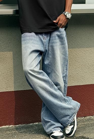 Image of HUNGSON Mens Baggy Jeans for Men Women Y2k Skater Vintage Plain Pants Casual Wide Leg Jeans Loose Fit Denim Jeans
