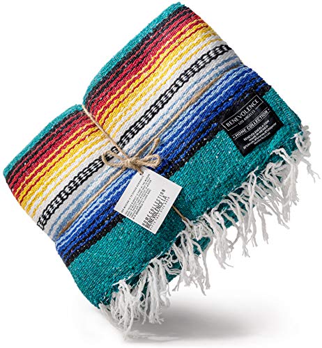 Premium Mexican Blanket, Authentic Handwoven Yoga Blanket & Outdoor Blanket, Made by Traditional Mexican Artisans | Perfect Camping Blanket, Beach Blanket, Picnic Blanket, & Car Blanket (Agua)