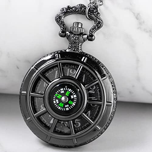 Whodoit Black Men's Hollow-Out Compass Quartz Pocket Watch, Rudder Hollow Arabic Digital Dial Quartz Pocket Watches With Chain For Men #TOP1