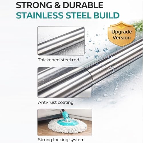 Image of Premium 360 Spin Mop Stick Rod with Stainless Steel Handle | Adjustable & Extendable Mop Handle | Heavy Duty Rust-Proof Floor Cleaning Rod Compatible with Spin Mop Refill - 4 Refill