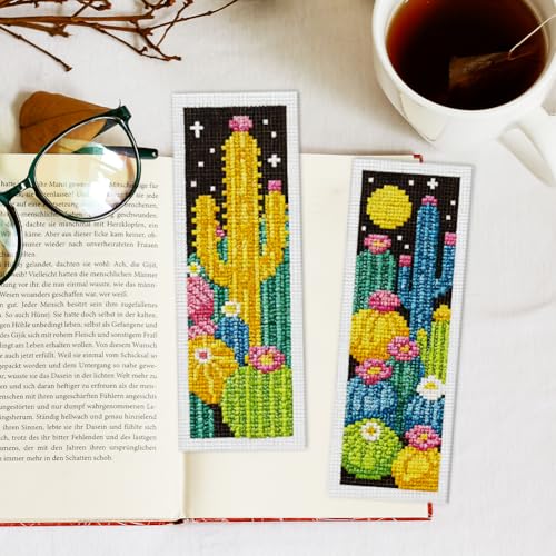 Image of INFUNLY 6pcs Dark Cactus Cross Stitch Bookmark Kit for Beginners DIY Cactus Grove Embroidery Bookmark Kits Night Plants Needlepoint Kit with Instruction Easy Cross Stitch Set for Book Lovers Readers