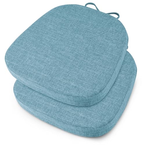 Image of OVOV 14x14 Chair Cushions for Metal Dining Chairs Set of 2 Light Blue | Non Slip, Washable Removable Cover with Ties, Textured, for Dining Room, Kitchen Cafes Bistro Patio, Stackable Chairs