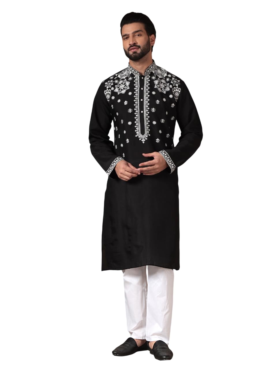 excent Men's Cotton Silk Kurta Pajama set | Embroidered Sequence Work Kurta Pyjama set for Wedding Haldi, Eid Festival | Traditional Ethnic Wear Straight Mandrin Collar Full Sleeve Kurta for Men-picture-16