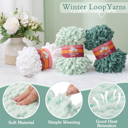 Image of Threlaco 6 Pack Finger Loops Yarn Bulk Soft Chunky Yarn 600 G / 6 Skeins for Mothers Day Beginners Knitting No Needles or Hooks(White, Light Green, Dark Green)