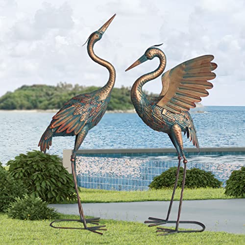 Oritty 33-37 Inch Metal Crane Garden Statue Décor, Bird Heron Garden Sculpture & Statues, Outdoor Decoration For Yard Pond Lawn Backyard Pool, Vintage Spread Wings Crane, Set Of 2 Copper #TOP1