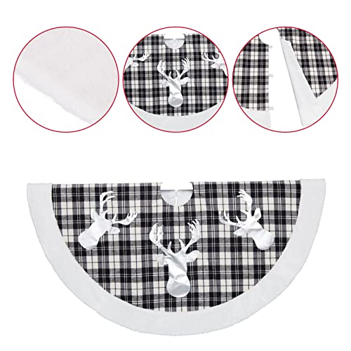 Buffalo Plaid Christmas Tree Skirt 48 in, Black and White Buffalo Check Christmas Tree Skirt with Faux Fur Edge for Holiday Christmas Decorations