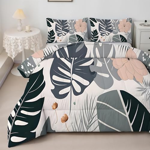 SYHIEGO Edredón individual de hojas de palma, edredón reversible sin funda floral gris, edredón de microfibra para todas las estaciones con 1 funda de almohada, edredones lavables individuales de 135