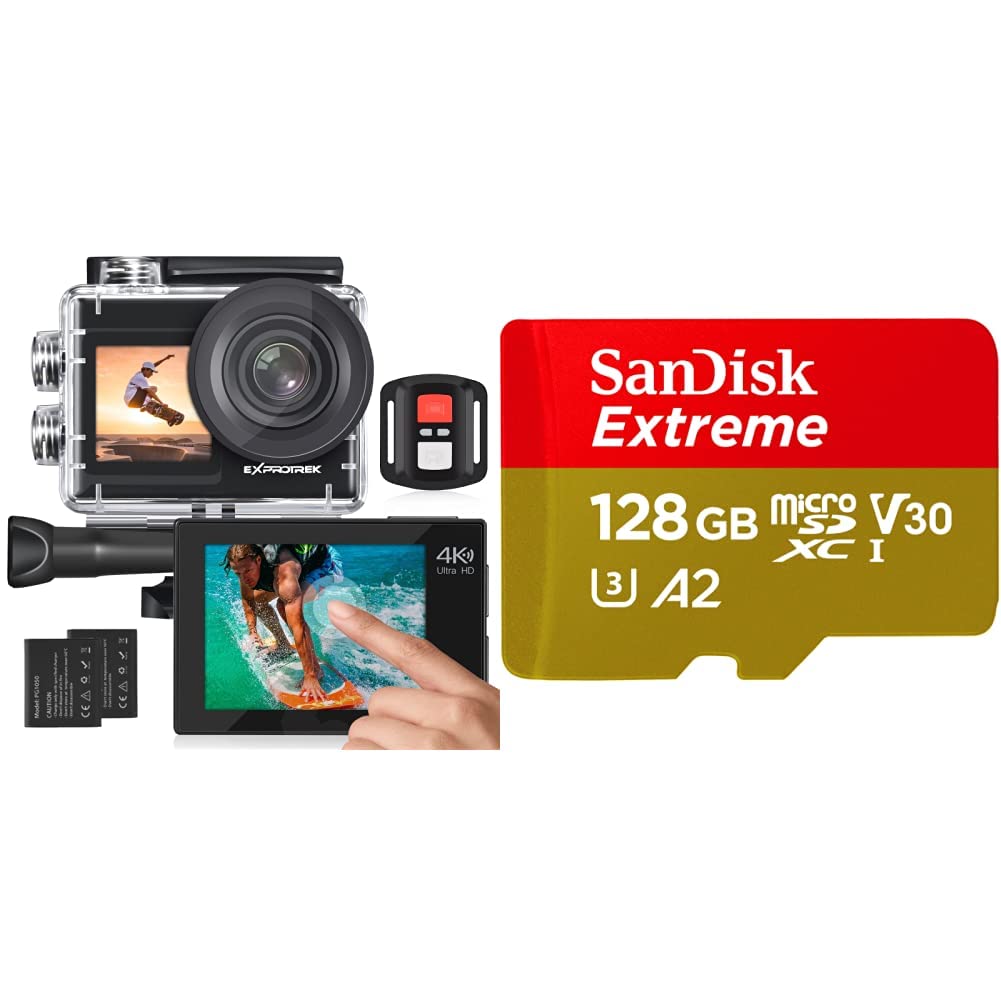 Exprotrek 4K Action Camera with Touch Screen & SanDisk Extreme 128 GB microSDXC Memory Card + SD Adapter with A2 App Performance + Rescue Pro Deluxe, Up to 160 MB/s, Class 10, UHS-I, U3, V30, Red/Gold