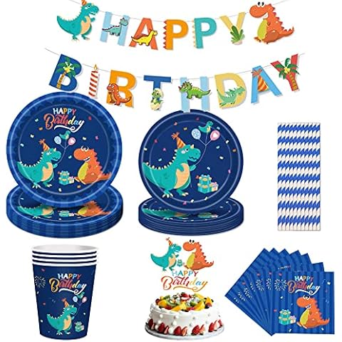 Forfamy Dinosaur Party Supplies 86PCS Dino Tableware Set- Dino Plate Cup Napkin Table cover for 16 Guests Cover