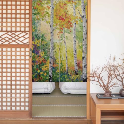 のれん 遮光 おしゃれ 暖簾カーテン 間仕切り 仕切り 目隠し 防寒 防音 厚手 和風 玄関 キッチ リビング 出入り口 グッズ 寝室 春夏秋冬 シラカバの木 夏 植物 木 油絵 幅110x丈180cm