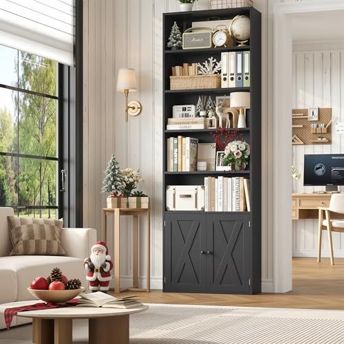 FACBOTALL 82' Tall Bookcase and Book Shelf, 24' Wide Bookshelf with Doors, 7 Tier Bookcase with Storage and Adjustable Shelf, Open and Display Farmhouse Bookshelf for Living Room, Home Office, Black