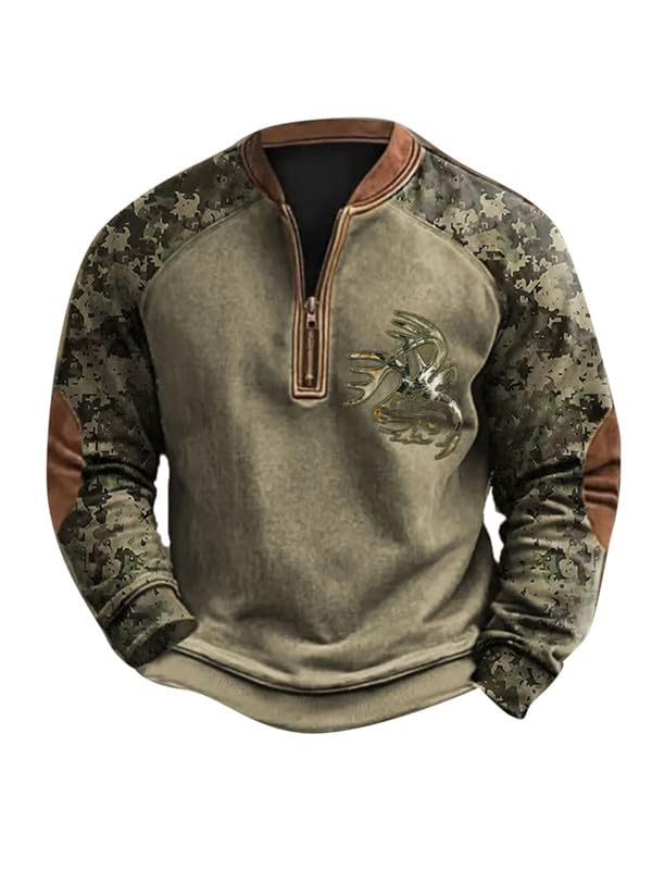 keepmore Felpa Mimetica con Mezza Zip da Uomo Caccia al Cervo Stampato con Scollo a V Manica Lunga Senza Cappuccio Felpe Vintage Pullover Top