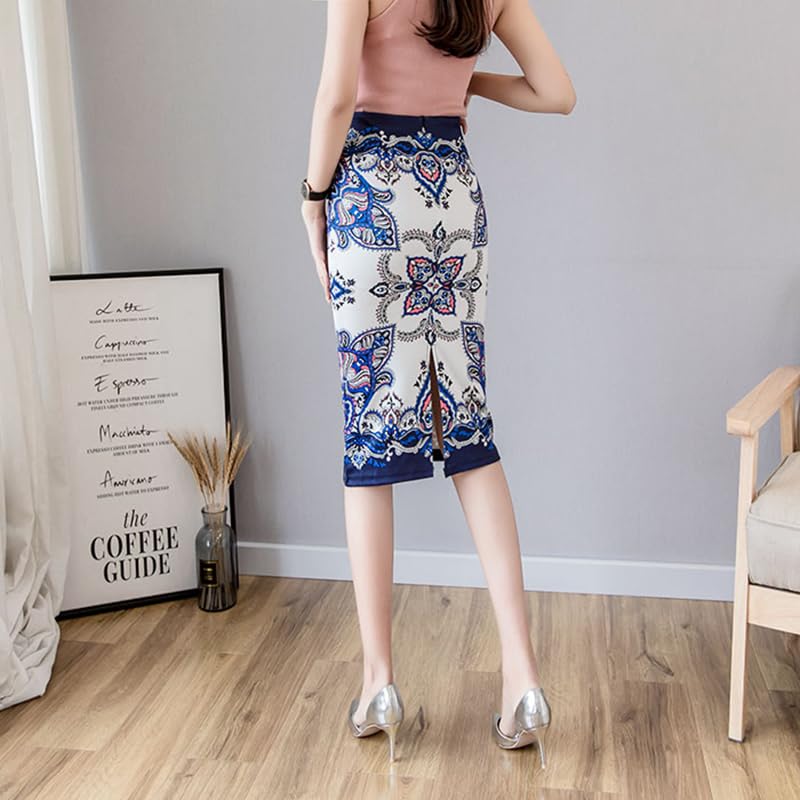 Women's Elastic High Waist Knee Length Pencil Skirt Office Work Midi Bodycon Basic Floral Skirt with Back Slit2