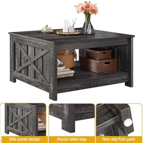 DWVO Square Coffee Table for Living Room Farmhouse Coffee Table with Storage,2-Tier Wood Center Table with Half Open Storage Compartment, Dark Rustic Oak