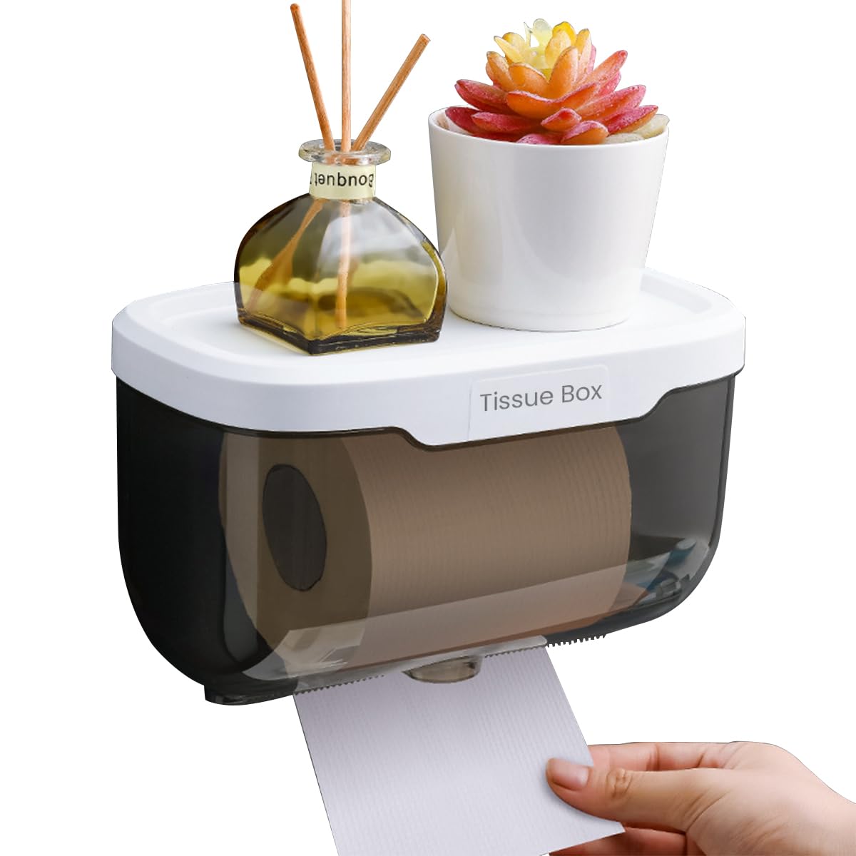 HASTHIP® Wall-Mounted Waterproof Toilet Paper Holder, Self-Adhesive Black ABS Tissue Dispenser with Non-Slip Shelf for Bathroom, Versatile and Transparent Design Tissue Box for Bathroom, Washroom