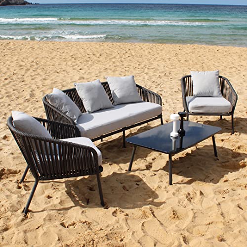 Image of DEVOKO Outdoor Furniture Collection Bistro Set with Cushion 4-Piece Rope Patio Backyard Living Set with Center Table for Garden /Balcony.(Black and Grey Color)