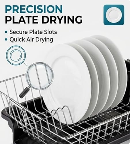 Image of Stainless Steel Dish Drying Rack with Drain Tray, Kitchen Countertop Dish Drainer Basket with Utensil Holder, Plate & Glass Organizer, Rustproof Compact Dish Rack for Kitchen Sink