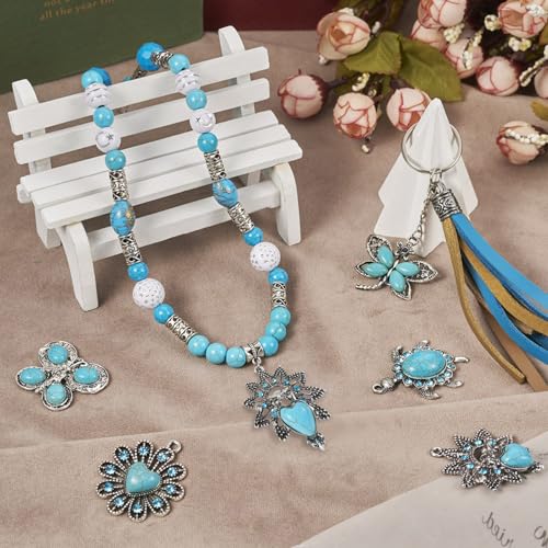 PandaHall 6pcs Tibetan Style Turquoise Charms Pendants Flower Butterfly Dragonfly Tortoise Connector Link Charms for Earrings Necklaces Jewelry Making - Image 2
